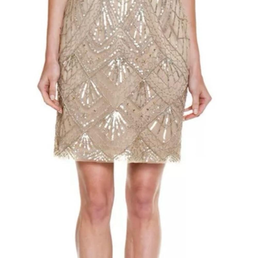 SUE WONG beige gold sequins beaded cocktail evening dress size 10